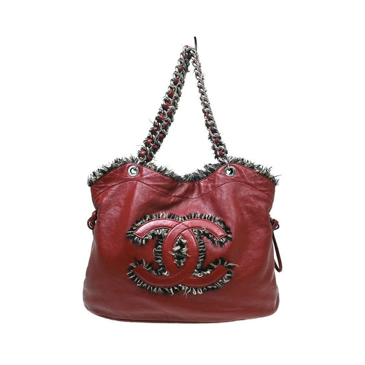 Chanel Funny Tweed Bon Bon Tote Lambskin, Burgundy, Leather, Tote Bag