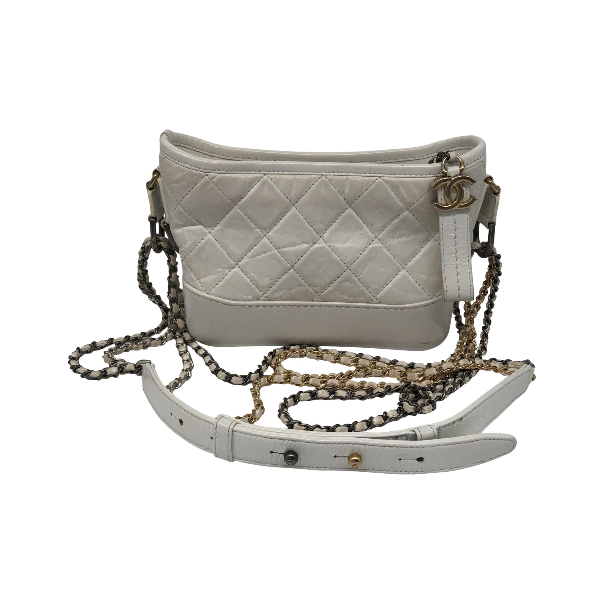 Chanel Gabrielle Hobo Quilted Aged Calfskin, White, Calfskin, Shoulder Bag