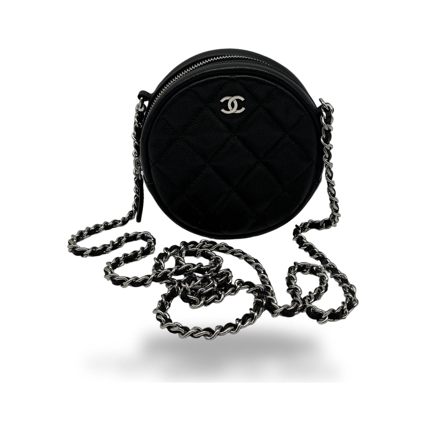 Chanel Handle with Care Round Vanity Case with Chain Quilted Caviar, Black, Calfskin, Clutch