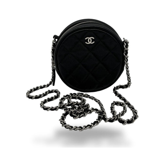 Chanel Handle with Care Round Vanity Case with Chain Quilted Caviar, Black, Calfskin, Clutch