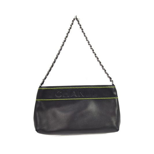 Chanel Lax Pochette Leather, Black, Leather, Clutch
