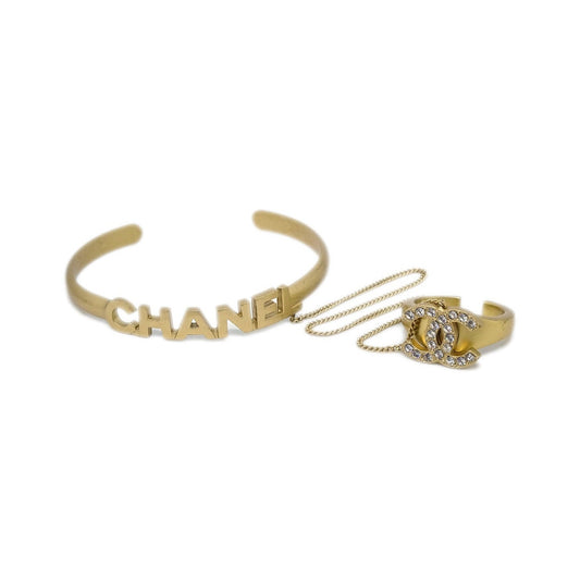 Chanel Logo Bangle with Chain Attached CC Metal with Crystal, Gold, Gold Plated, Bracelet