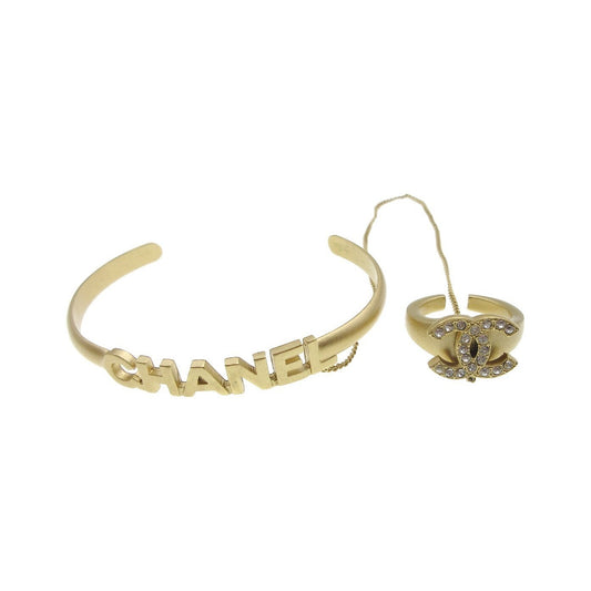 Chanel Logo Bangle with Chain Attached CC Metal with Crystal, Gold, Gold Plated, Bracelet