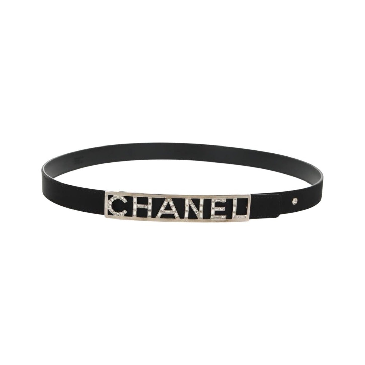 Chanel Logo Belt Leather with Metal and Crystals, Black, Leather, Belt