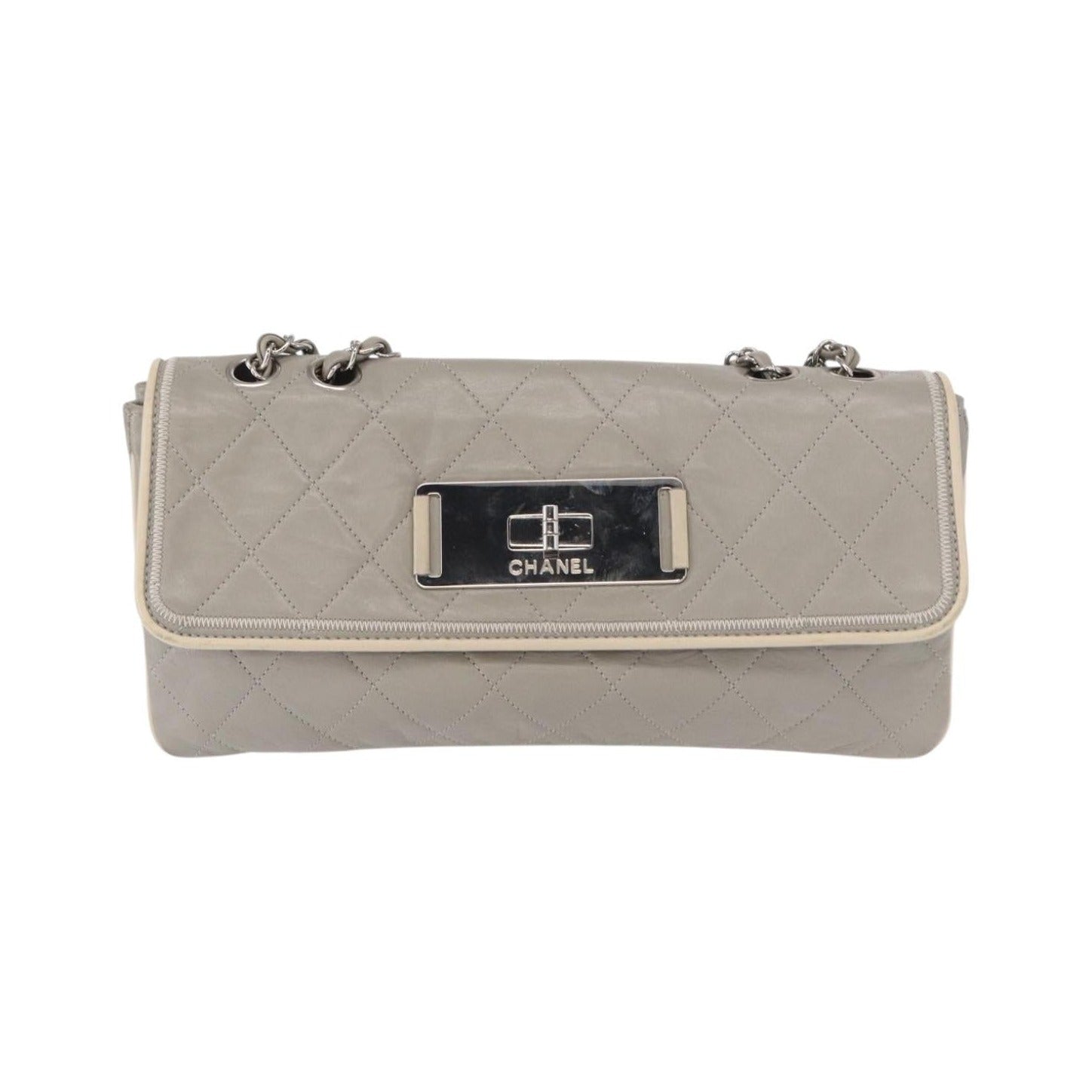 Chanel Mademoiselle Lock Flap Quilted Lambskin, Gray, Leather, Shoulder Bag