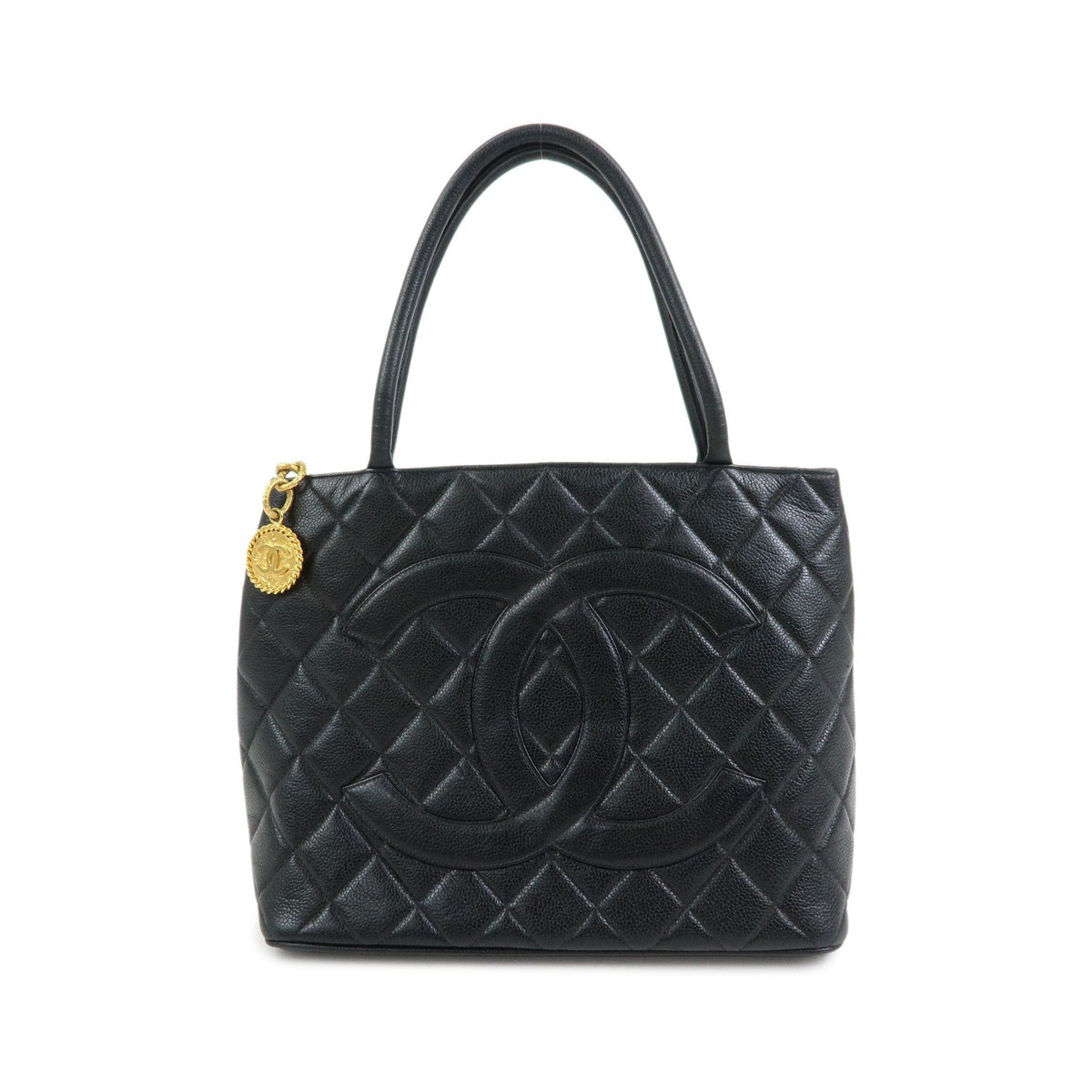 Chanel Medallion Quilted Caviar, Black, Leather, Tote Bag