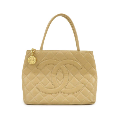 Chanel Medallion Quilted Lambskin, Beige, Calfskin, Tote Bag