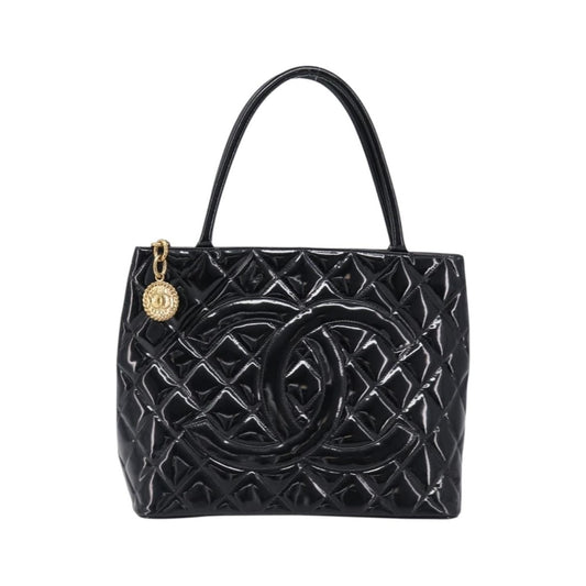 Chanel Medallion Quilted Patent, Black, Patent Leather, Tote Bag