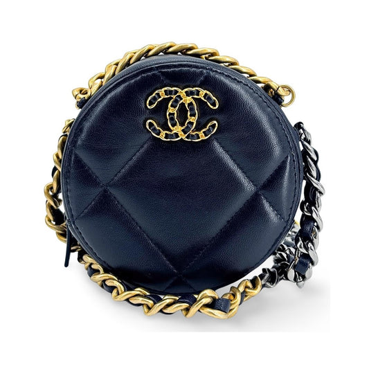 Chanel Round Flap Chevron Calfskin, Navy, Calfskin, Handbag
