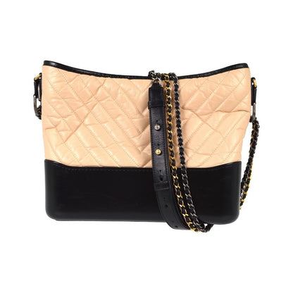 Chanel So Black Gabrielle Hobo Quilted Aged Calfskin, Beige, Leather, Shoulder Bag