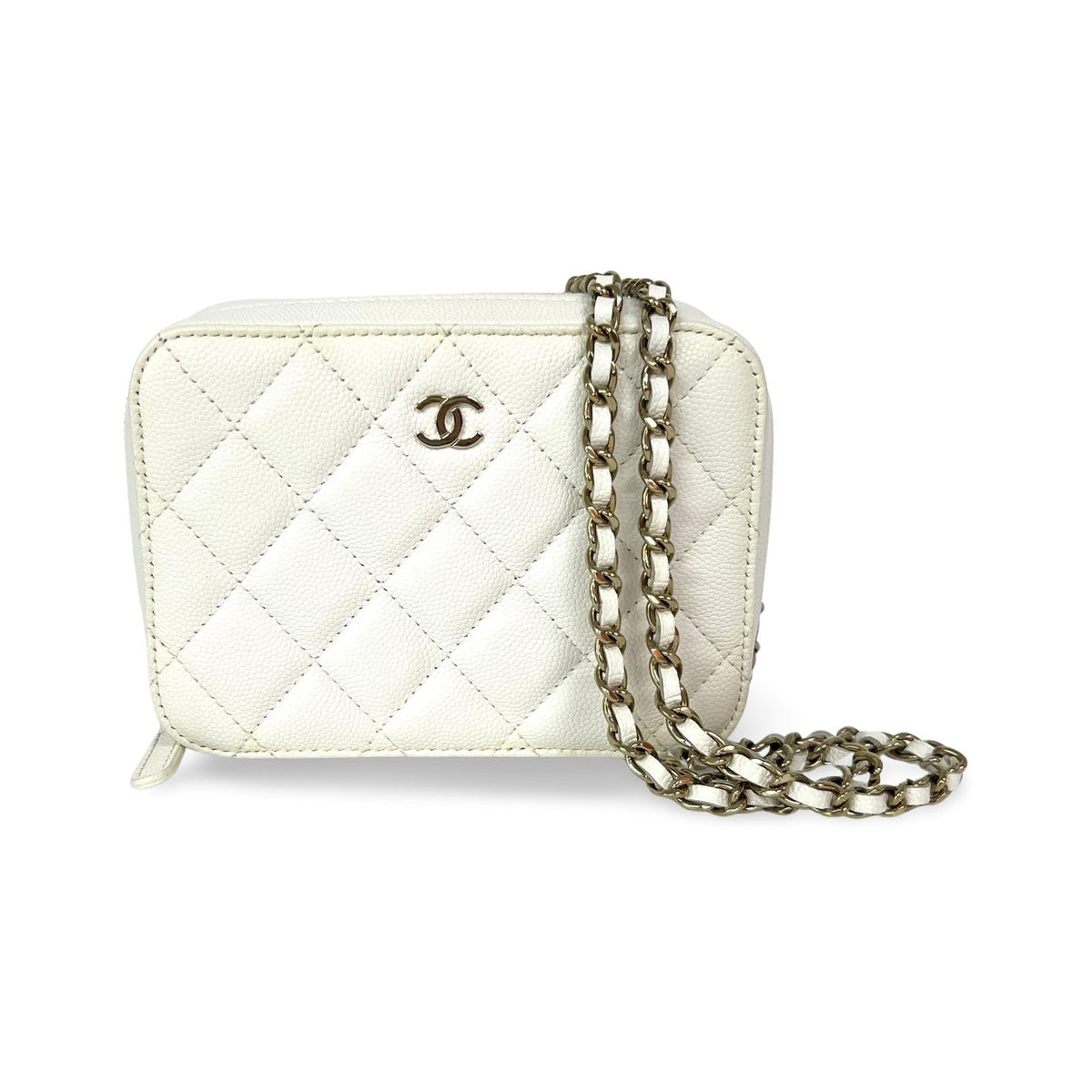 Chanel Square CC Chain Camera Quilted Caviar, White, Leather, Shoulder Bag
