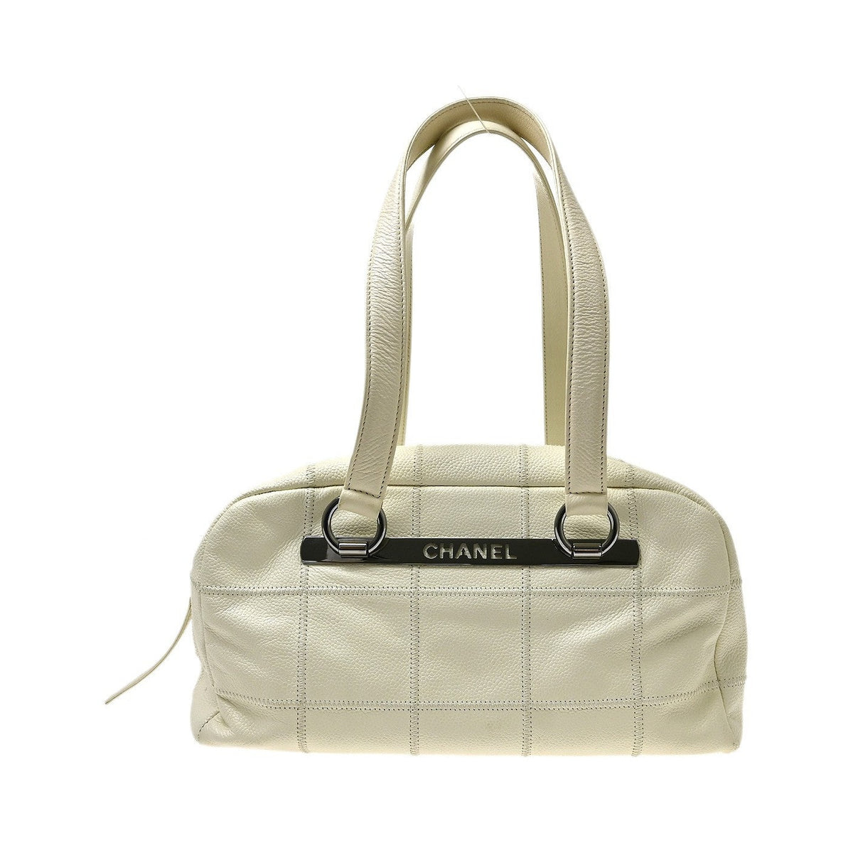 Chanel Square Stitch Bowler Quilted Caviar, White, Calfskin, Shoulder Bag