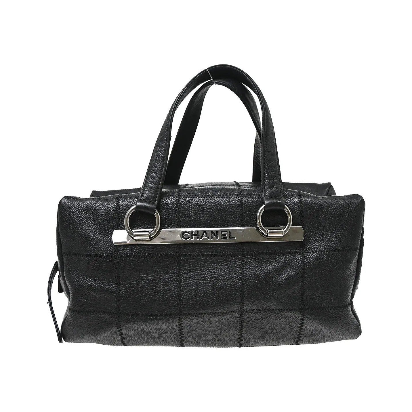 Chanel Square Stitch CC Boston Quilted Caviar, Black, Leather, Handbag