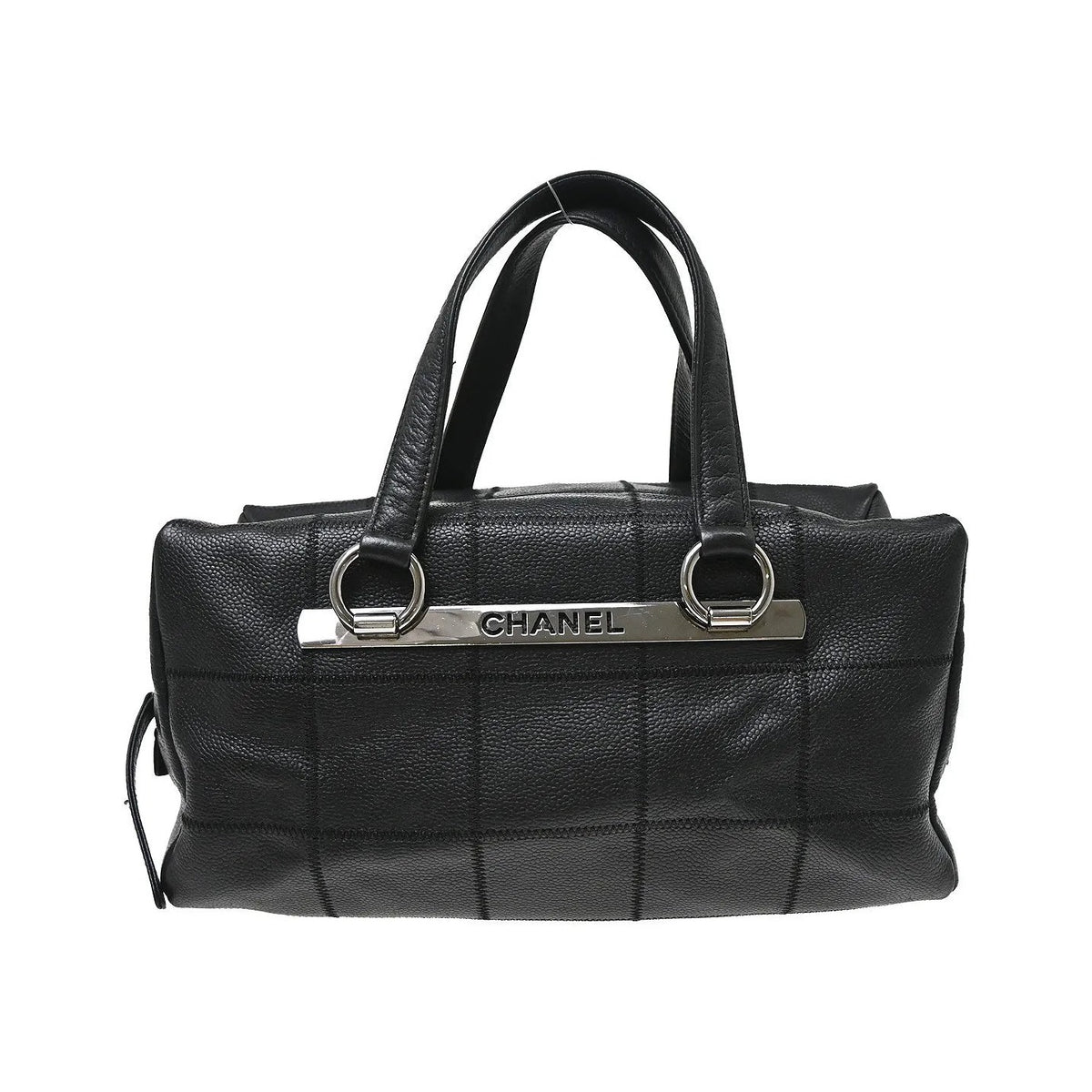 Chanel Square Stitch CC Boston Quilted Caviar, Black, Leather, Handbag