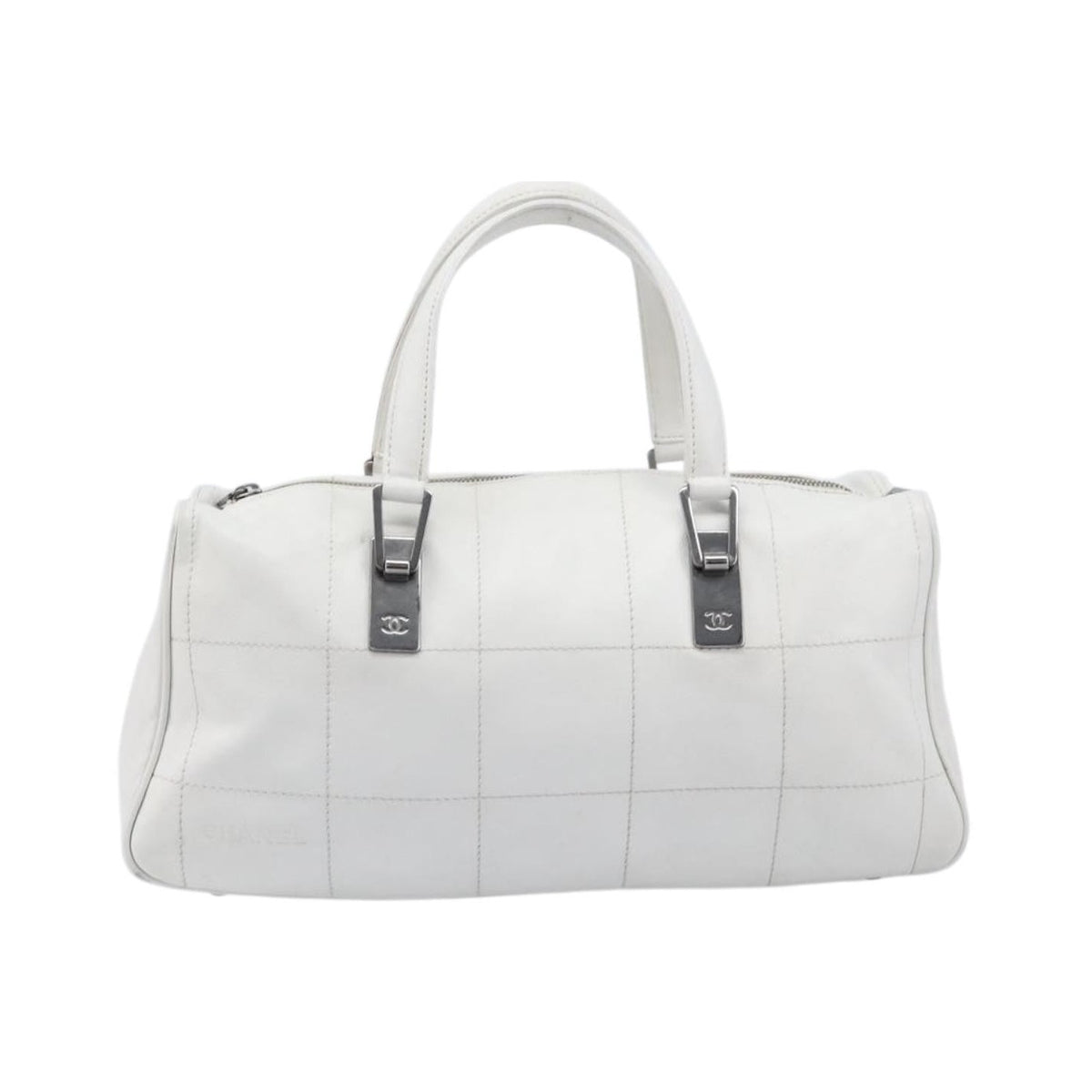 Chanel Square Stitch CC Boston Quilted Leather, White, Leather, Handbag