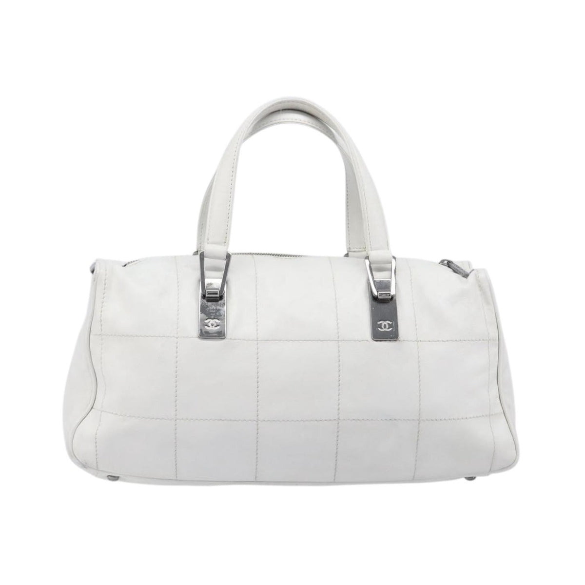 Chanel Square Stitch CC Boston Quilted Leather, White, Leather, Handbag