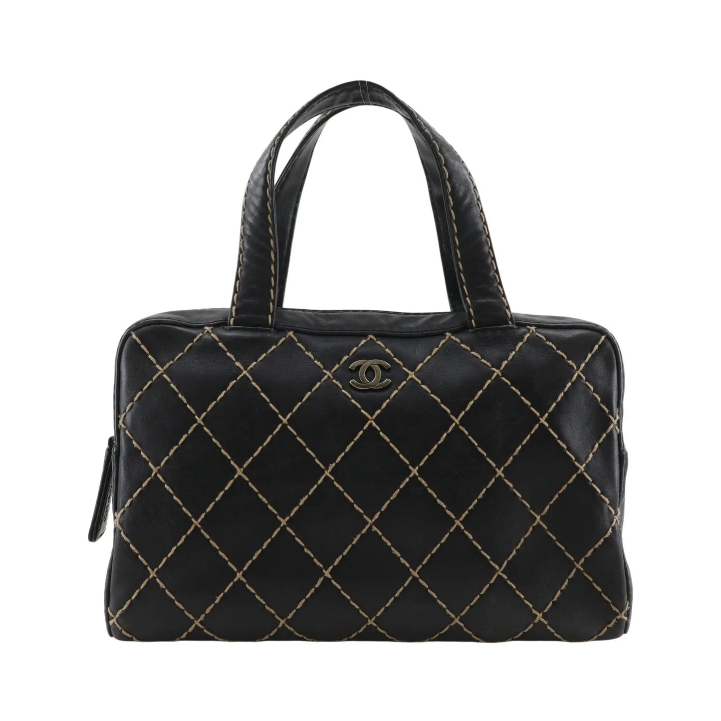Chanel Surpique Boston Quilted Leather, Black, Leather, Handbag