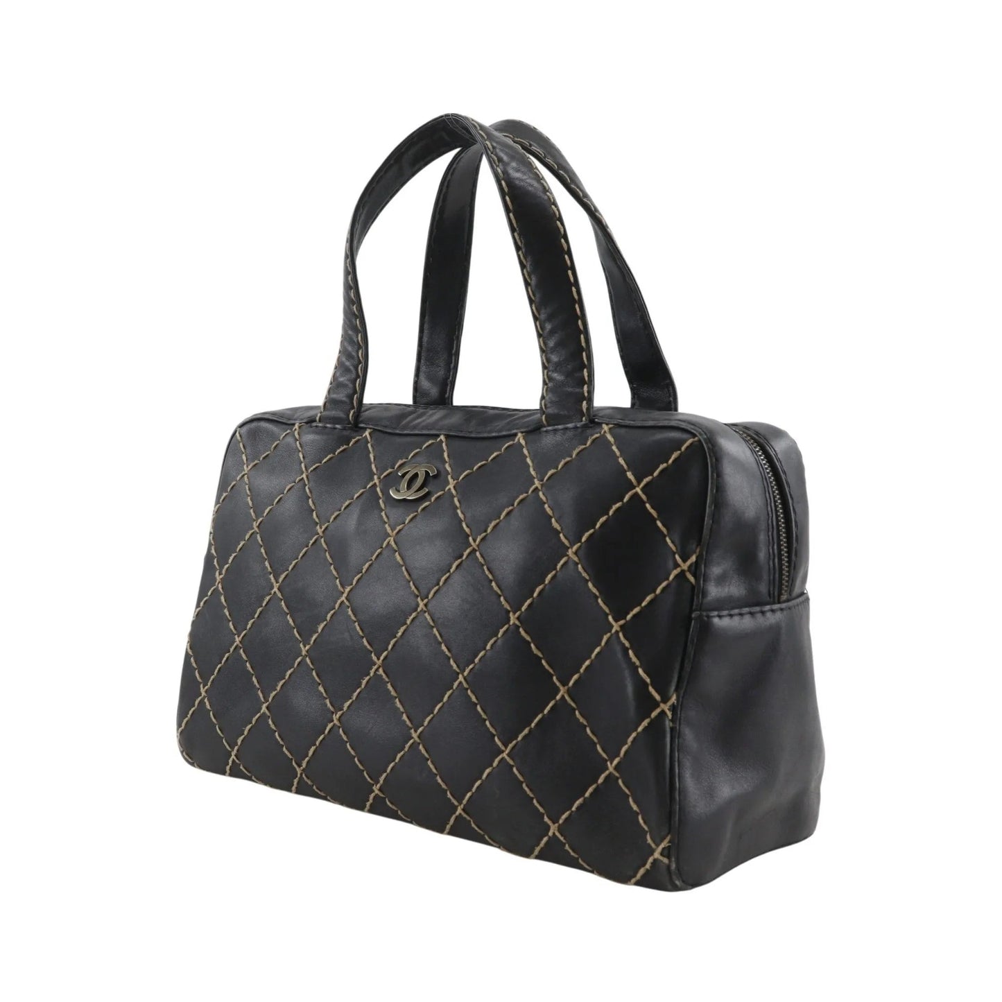 Chanel Surpique Boston Quilted Leather, Black, Leather, Handbag