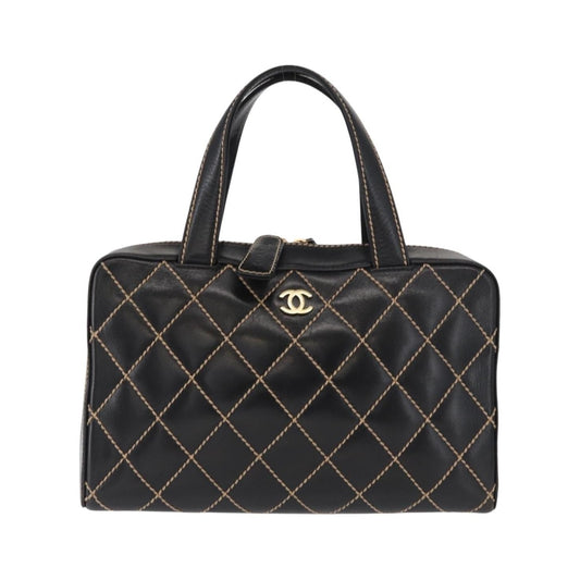 Chanel Surpique Boston Quilted Leather, Black, Leather, Travel Bag