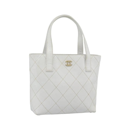 Chanel Surpique Tote Quilted Leather, White, Leather, Tote Bag