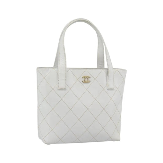 Chanel Surpique Tote Quilted Leather, White, Leather, Tote Bag