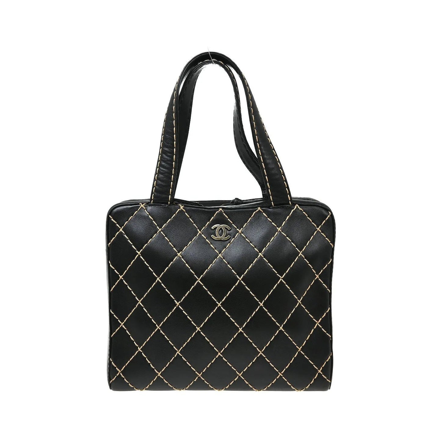 Chanel Surpique Zip Around Satchel Quilted Leather, Black, Leather, Handbag
