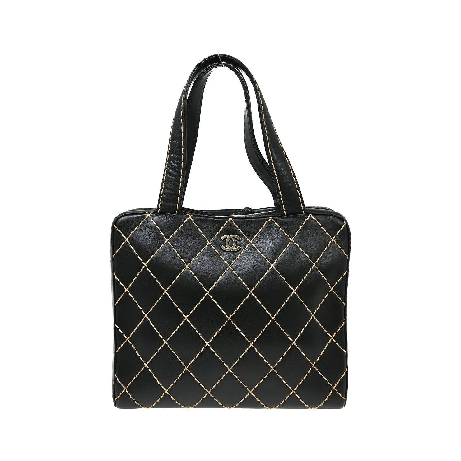 Chanel Surpique Zip Around Satchel Quilted Leather, Black, Leather, Handbag