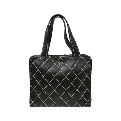 Chanel Surpique Zip Around Satchel Quilted Leather, Black, Leather, Handbag