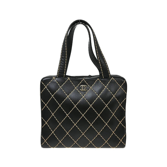 Chanel Surpique Zip Around Satchel Quilted Leather, Black, Leather, Handbag