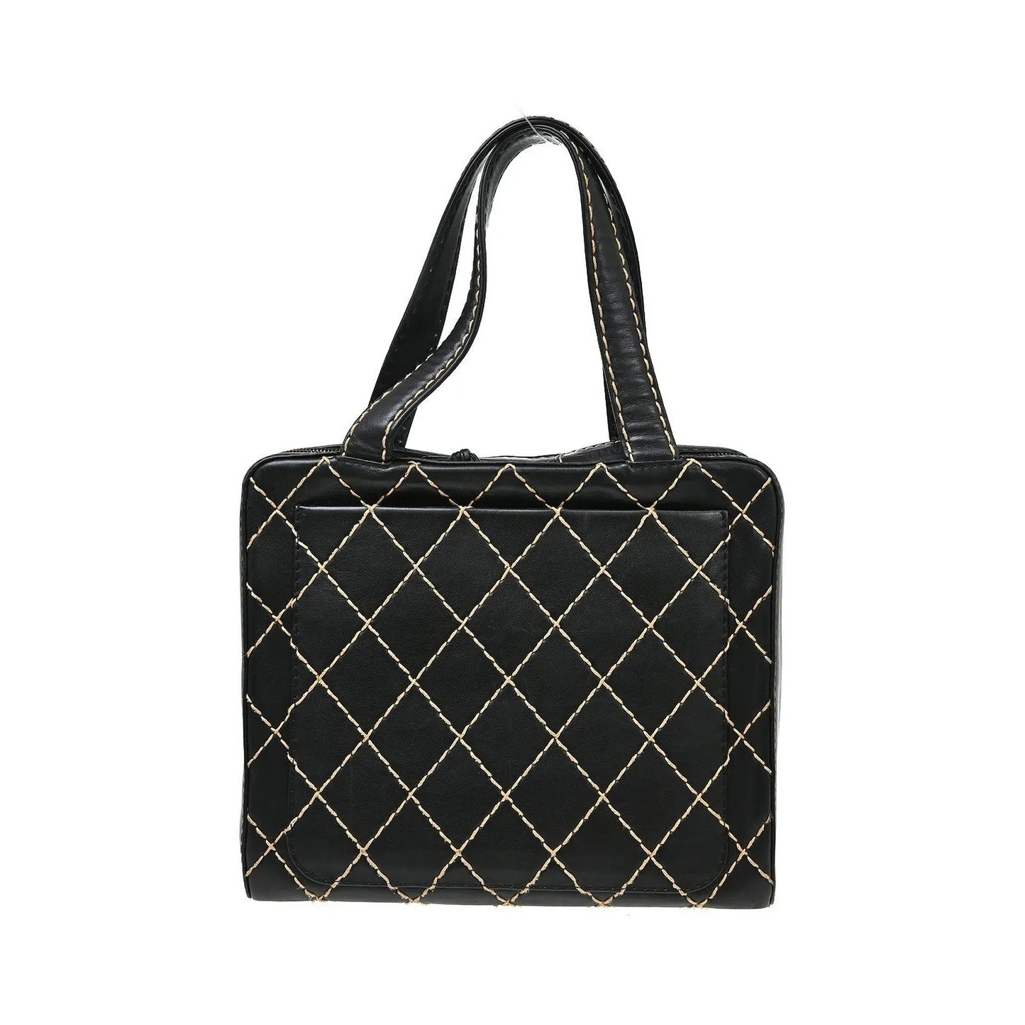 Chanel Surpique Zip Around Satchel Quilted Leather, Black, Leather, Handbag