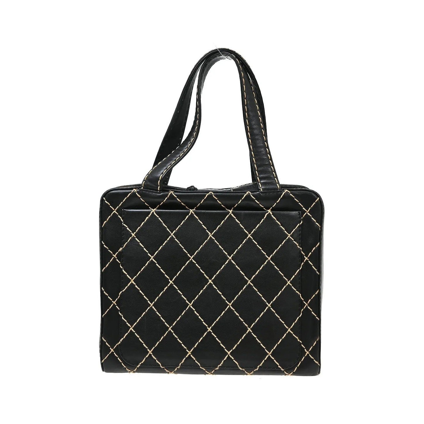 Chanel Surpique Zip Around Satchel Quilted Leather, Black, Leather, Handbag