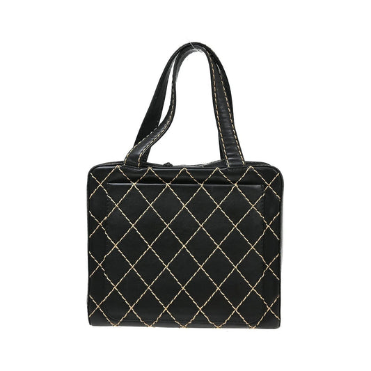Chanel Surpique Zip Around Satchel Quilted Leather, Black, Leather, Handbag