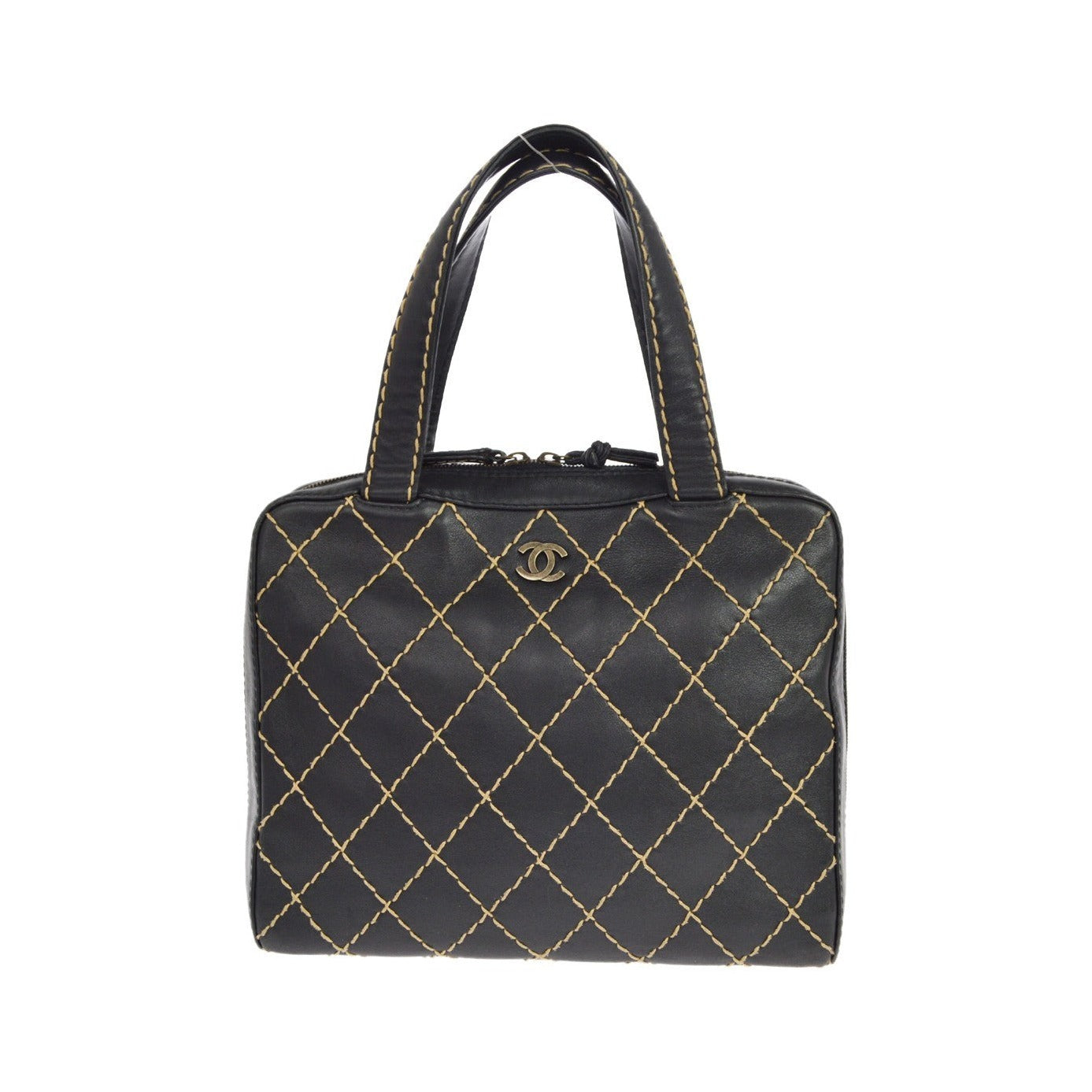 Chanel Surpique Zip Around Satchel Quilted Leather, Black, Leather, Handbag