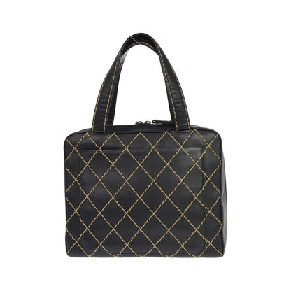 Chanel Surpique Zip Around Satchel Quilted Leather, Black, Leather, Handbag