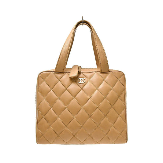 Chanel Surpique Zip Around Satchel Quilted Leather, Beige, Leather, Handbag