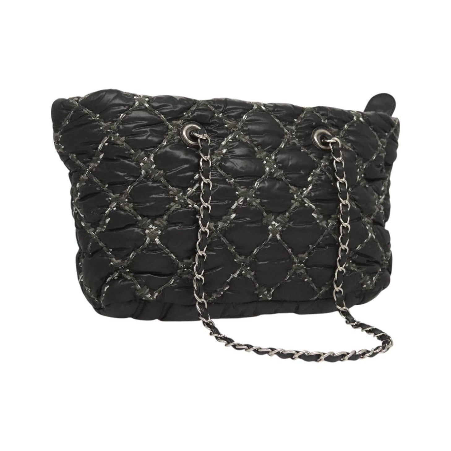 Chanel Tweed on Stitch Zip Tote Quilted Nylon, Black, Nylon, Shoulder Bag