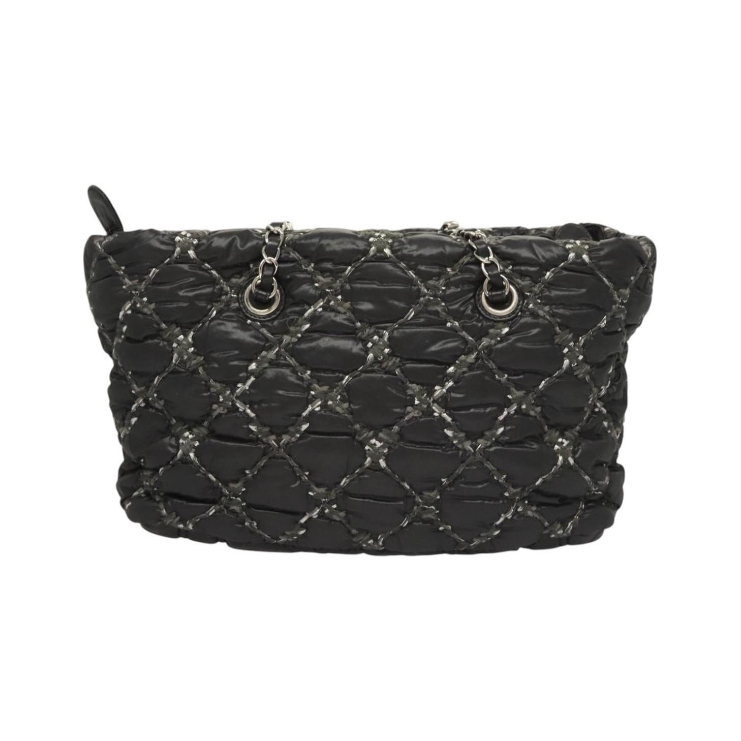Chanel Tweed on Stitch Zip Tote Quilted Nylon, Black, Nylon, Shoulder Bag