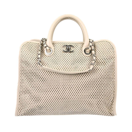 Chanel Up In The Air Top Handle Perforated Leather, White, Leather, Tote Bag