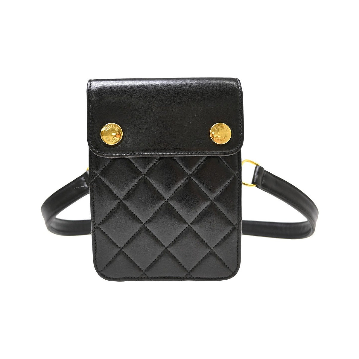 Chanel Vintage Button Waist Bag Quilted Lambskin, Black, Leather, Clutch