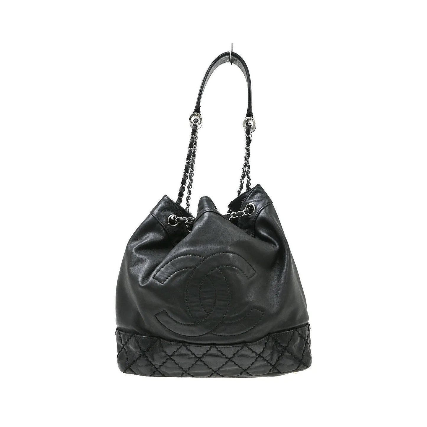 Chanel Vintage CC Drawstring Bucket Lambskin, Black, Leather, Shoulder Bag
