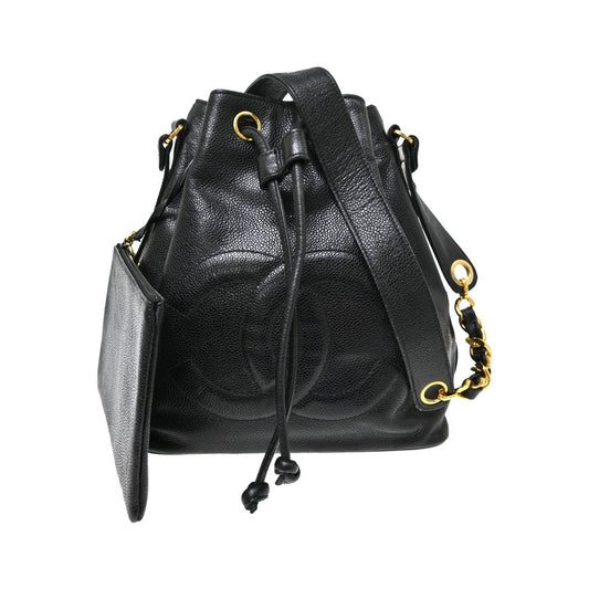 Chanel Vintage CC Drawstring Chain Leather, Black, Leather, Shoulder Bag