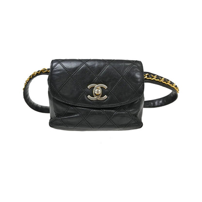Chanel Vintage CC Flap Waist Quilted Leather, Black, Leather, Clutch