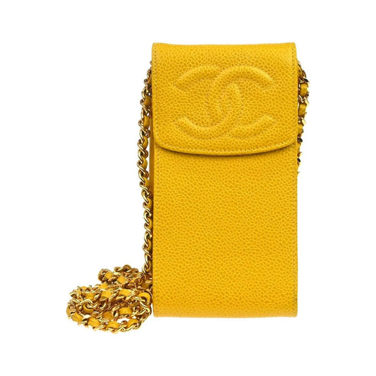 Chanel Vintage CC Phone Holder Caviar, Yellow, Leather, Clutch