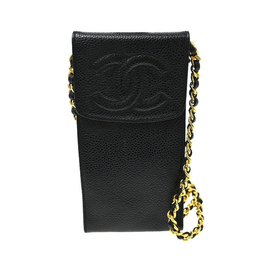 Chanel Vintage CC Phone Holder Caviar, Black, Leather, Clutch