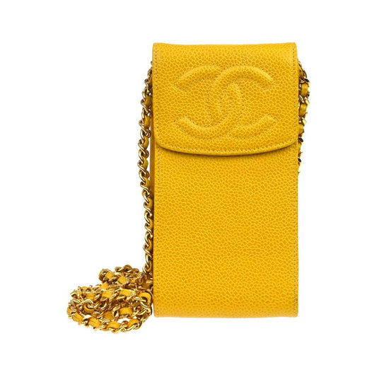 Chanel Vintage CC Phone Holder Caviar, Yellow, Leather, Clutch