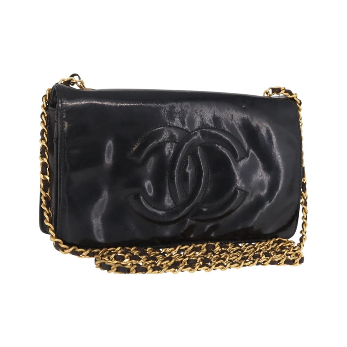Chanel Vintage CC Wallet on Chain Patent, Black, Patent Leather, Crossbody Bag