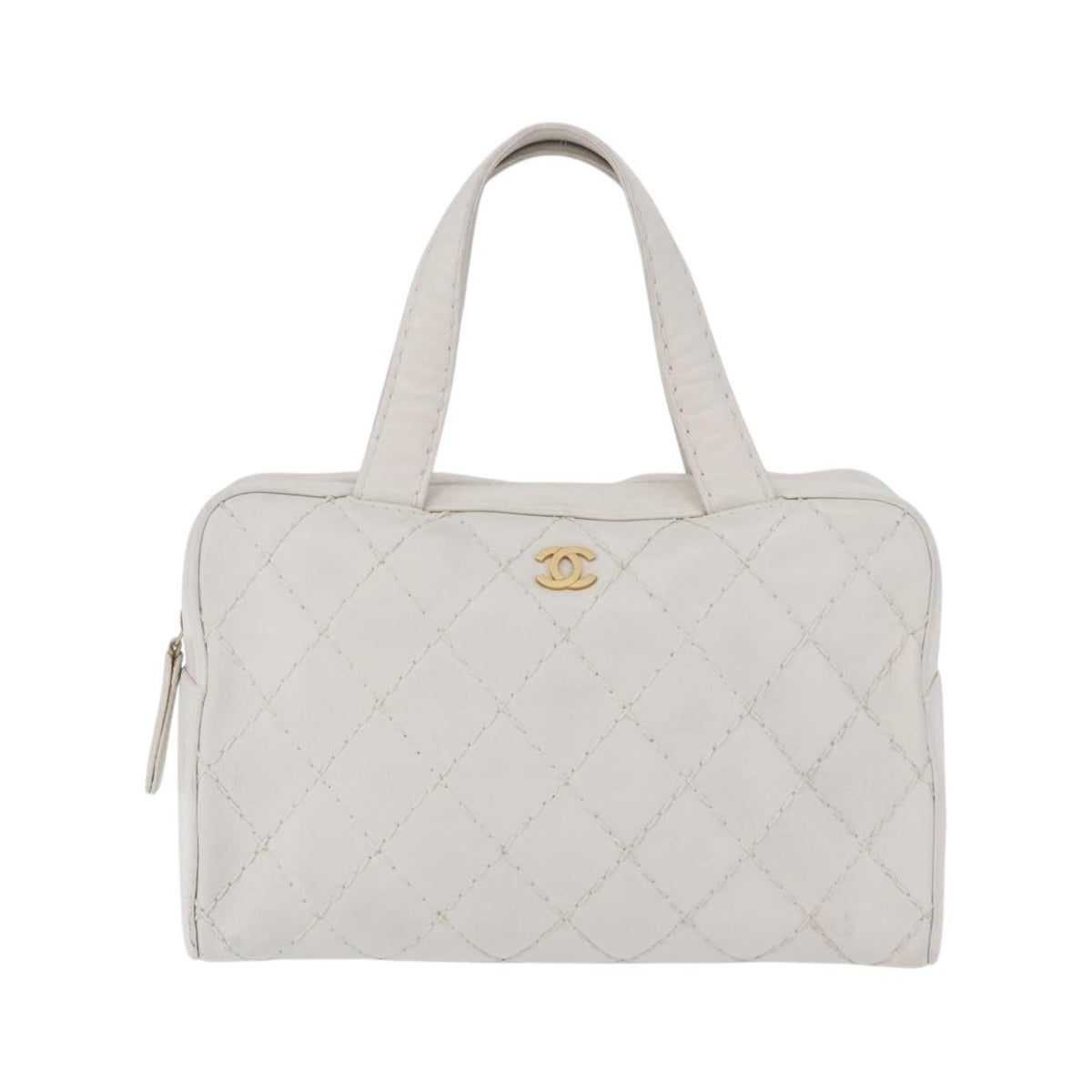 Chanel Vintage CC Zip Around Bowler Quilted Caviar, White, Leather, Handbag