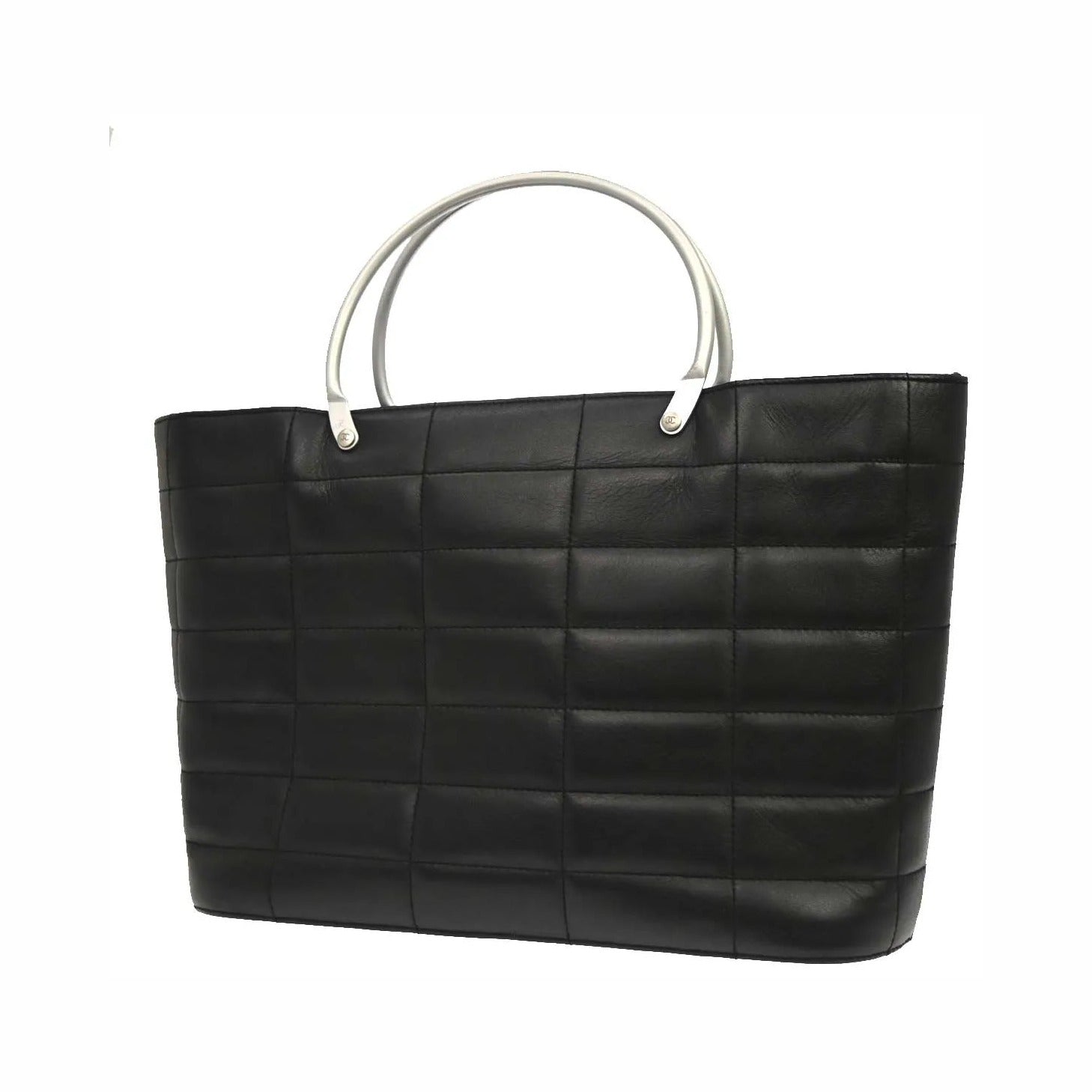 Chanel Vintage Chocolate Bar Tote Quilted Leather, Black, Leather, Tote Bag