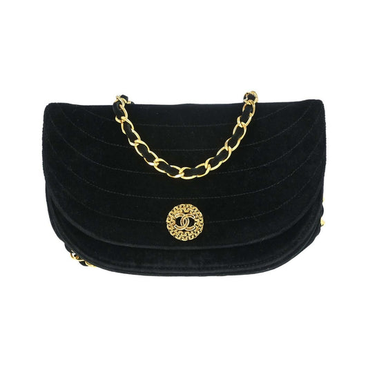 Chanel Vintage Crescent Flap Horizontal Quilted Velvet, Black, Velvet, Shoulder Bag