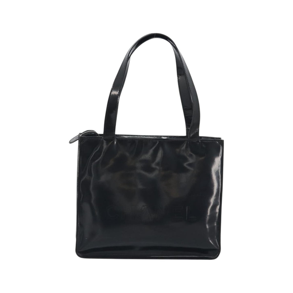 Chanel Vintage Embossed Logo Shoulder Patent, Black, Patent Leather, Tote Bag